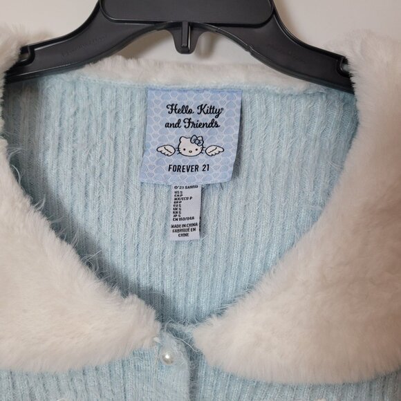 Hello Kitty & Friends X Forever 21 Blue Knit Cardigan W/Faux Fur Collar & Cuff - Picture 3 of 16